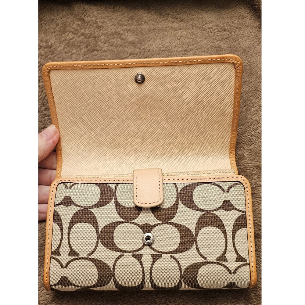Coach Signature Canvas Trifold Wallet Crossbody Bag Khaki Brown Tan Leather - Picture 13 of 15